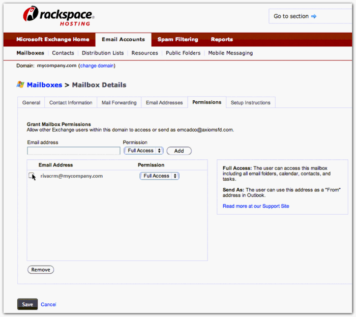 Rackspace add delegate full access for user mailboxes